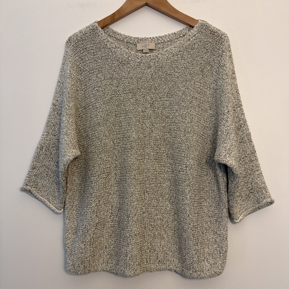 LOFT Outlet Knit Pullover Top Sweater Size L Gray Ivory 3/4 Career Cotton Blend - Picture 16 of 16